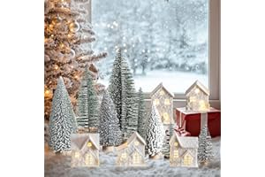 JOYWU 13 Pcs White Christmas Village Set with 5 Lighted Wooden Houses and 8 Snow Trees,LED Tabletop Xmas House Figurines Deco