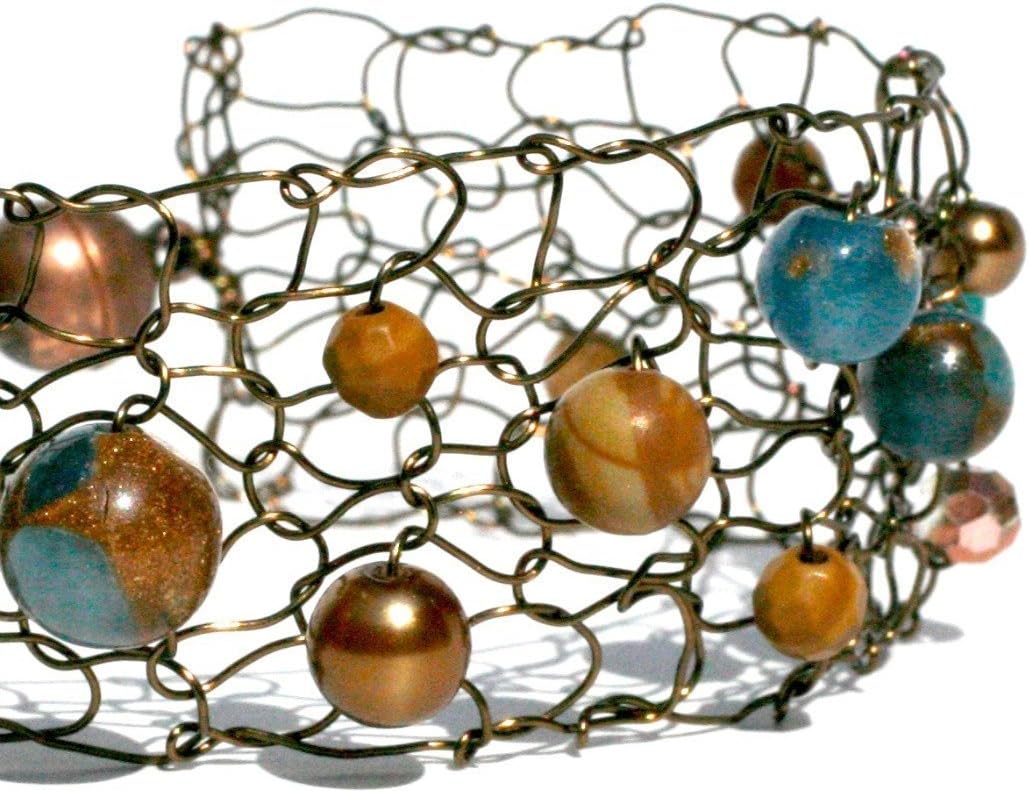 Teal Golden Aqua Quartz and Jasper Copper Cuff Bracelet