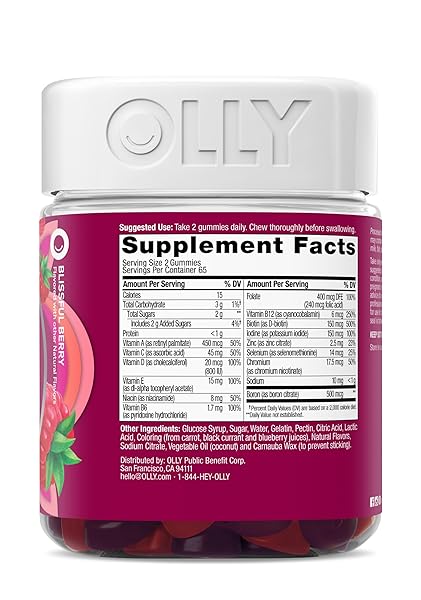 OLLY WOMEN’S DAILY MULTIVITAMIN GUMMY, VITAMINS A, D, C, E, BIOTIN, FOLIC ACID, ADULT CHEWABLE VITAMIN, BERRY FLAVOR, 65 DAY SUPPLY – 130 COUNT