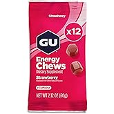 GU Energy Chews, Strawberry Energy Gummies with Electrolytes, Vegan, Gluten-Free, Kosher, 20 mg of Caffeine, and Dairy-Free On-the-Go Energy for Any Workout, 12 Bags (24 Servings Total)