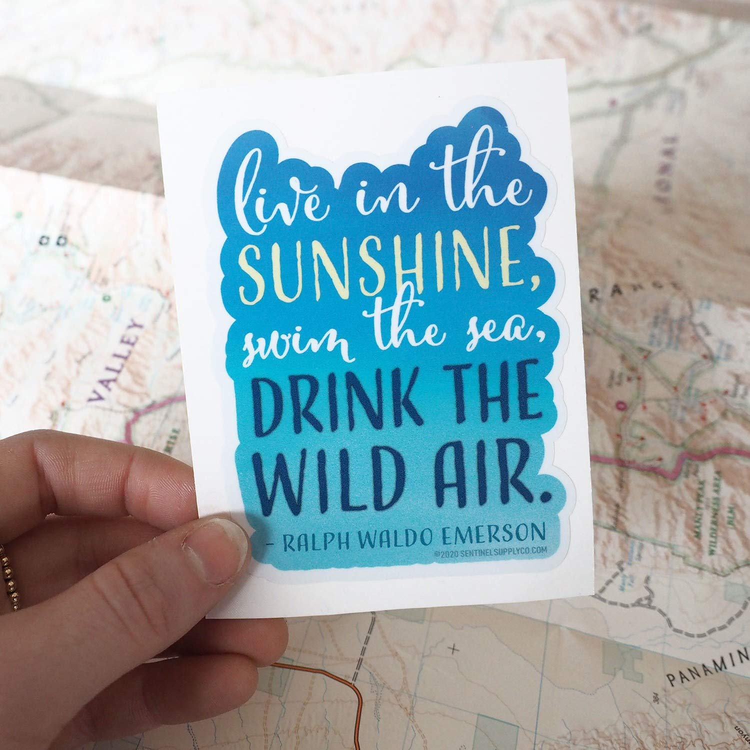 Emerson Quote Sticker - Live in the Sunshine, Swim the Sea, Drink the Wild Air | Blue Die Cut Vinyl Poetry Decal for Hydroflask, Laptop, Bumper