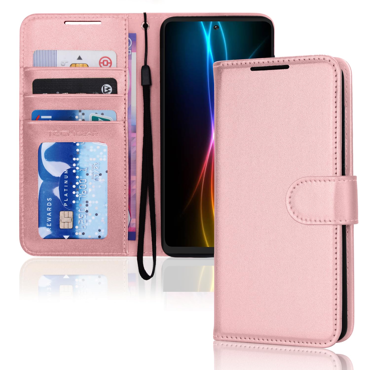 TECHGEAR Galaxy S20 FE Leather Wallet Case, Flip Protect Case Cover with Wallet Card Holder, Stand and Wrist Strap - Rose Gold PU Leather with Magnetic Closure Designed For Samsung S20 Fan Edition