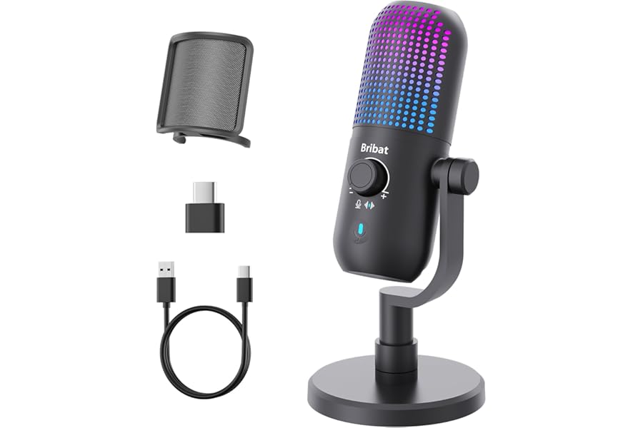 BRIBAT USB Condenser Microphone for PC Gaming,Streaming&Podcast,Plug & Play RGB Desktop Mic with One-Touch Mute,Cardioid Nois