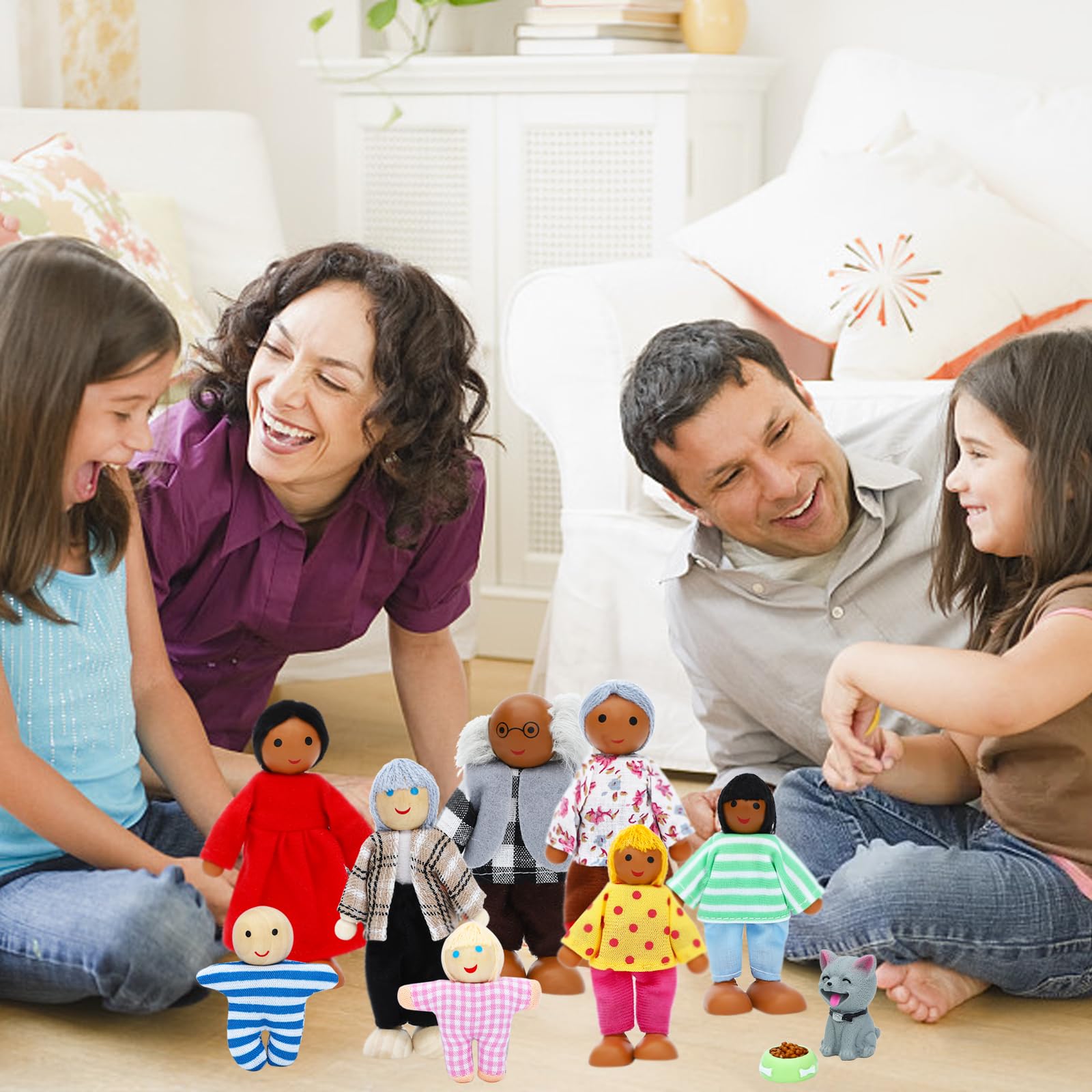 ONEST 20 Pieces Wooden Dollhouse Family Set Mini People Figures Dog Cat Sets Dollhouse Dolls Wooden Doll Family Pretend Play Figures Accessories for Pretend Doll House Toy