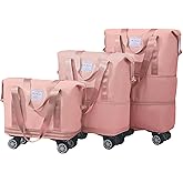 Large Foldable Duffle Bag with Wheels and Handle, Rolling Travel Duffle Bag Water Resistant Luggage, Lightweight Travel Suitcase, Multiple Interior and Exterior Pockets, Pink, 1 Pack