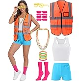 Croknit 14 Pcs 80s Neon Construction Costume Neon Football Game Outfit Workers Reflective Safety Vest for Women Party