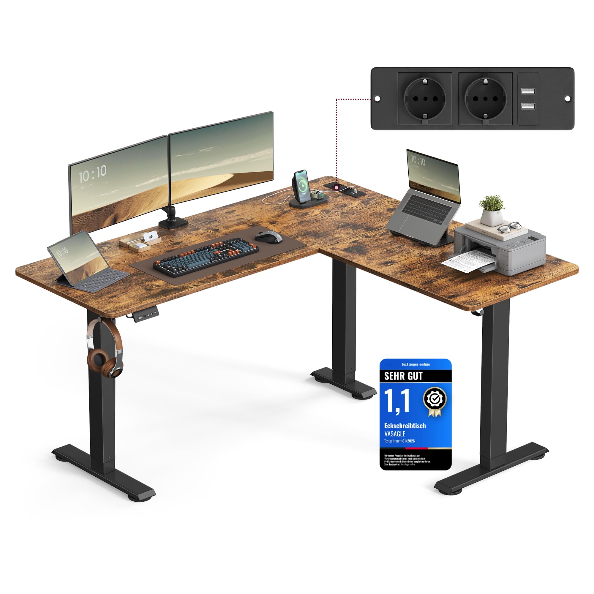 VASAGLE Höhenverstellbarer Schreibtisch elektrisch, L-förmiger Eckschreibtisch, 140 x 160 cm, mit Ladestation, Memory-Funktion mit 2 Höhen, für Homeoffice, vintagebraun-tintenschwarz LSD264K01