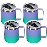Volhoply 14oz Insulated Stainless Steel Coffee Mug with Lid Bulk 4 Pack,Double Wall Vacuum Travel Coffee Cup with Handle,Reusable Cups Tumbler,Camping Mugs Keep Hot,Ideal Gifts(Purple Green,4)