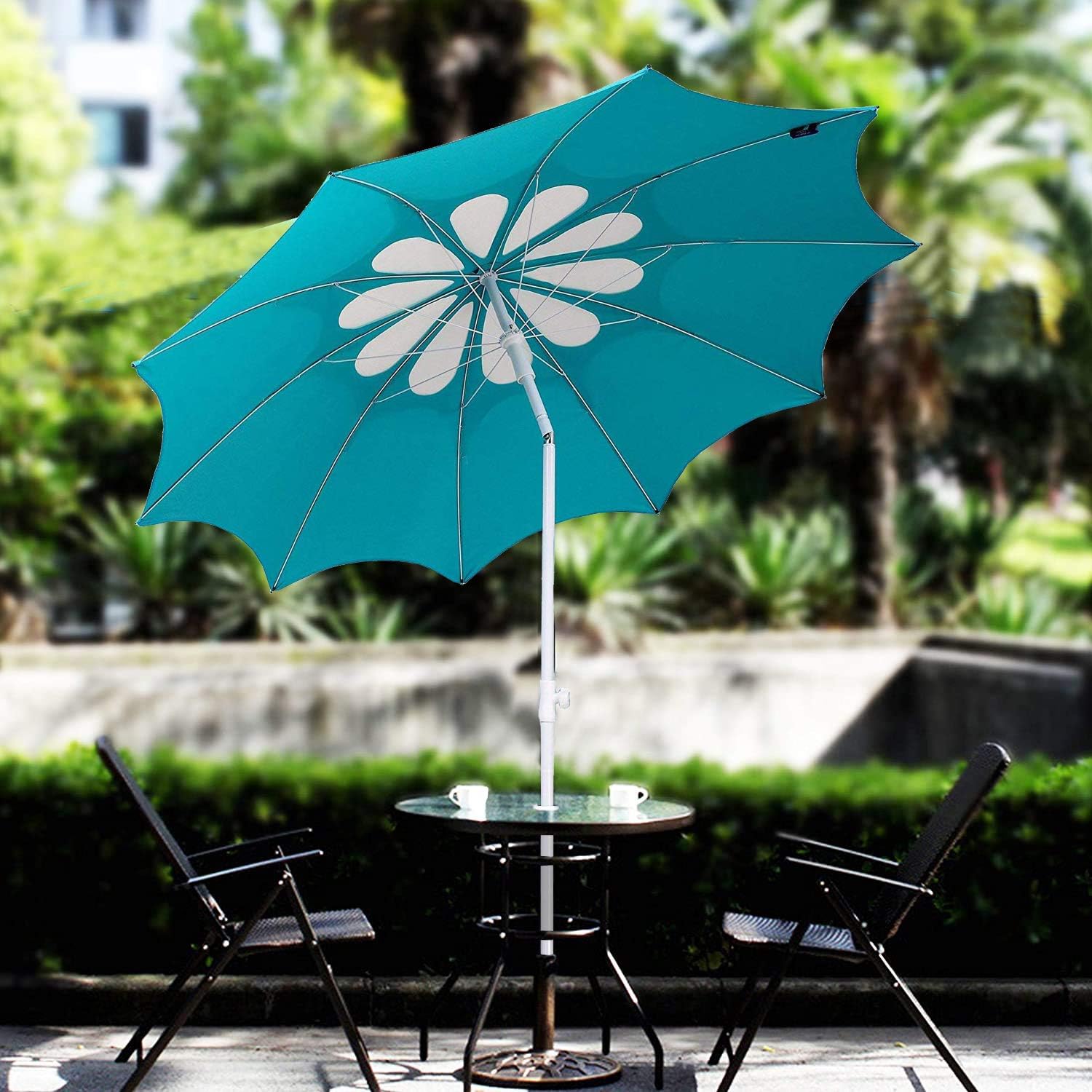 Ammsun 10 Panels 7ft Polyester Fabric Outdoor Beach Umbrella Hollow Pattern With Tilt Upf 50 Teal White Adjustable Height Okna Mroz Pl