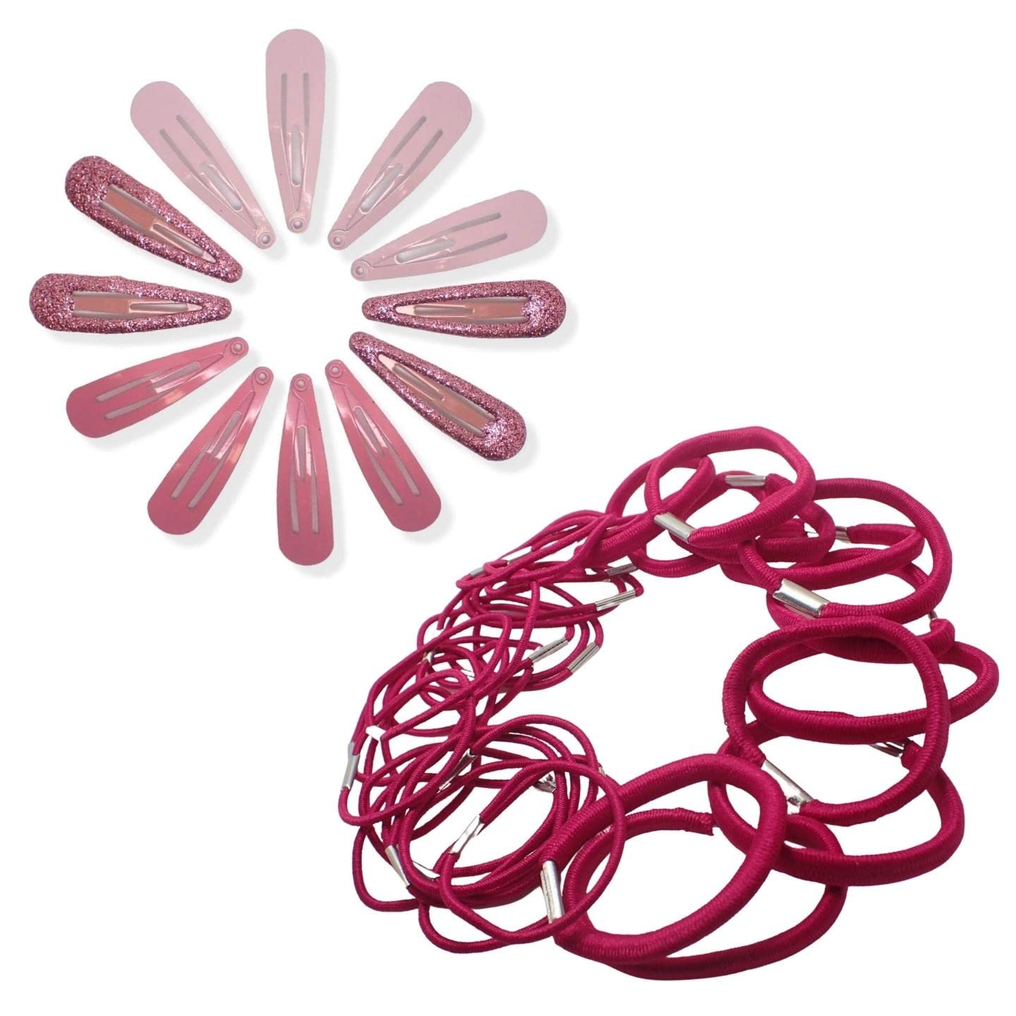 Topkids Accessories 30pcs Snap Hair Clips & Hair Elastics Hair Bands Hair Bobbles Hair Bendies Hair Sleepies For Girls, Women, Ladies, Kids (Fuchsia Pink & Pink Toned Snap Clips)