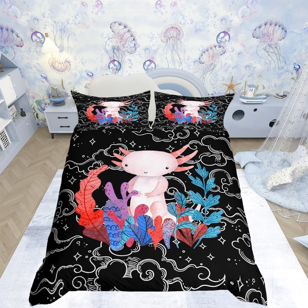 Loussiesd Cute Axolotl Bedding Set for Kids Boys Bedroom Cartoon Salamander Bed Duvet Cover Kawaii Animals Comforter Cover Constellation Black Duvet Cover 3Pcs Double