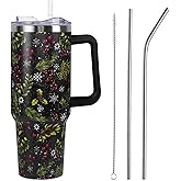Christmas Tumbler with Handle and Straw Lid 40 oz,Cute Merry Xmas Holly Berries Snowflake Gifts for Women Vacuum Insulated Leak Proof Tumbler,Winter Holiday Accessories Stainless Steel Coffee Cup Mug