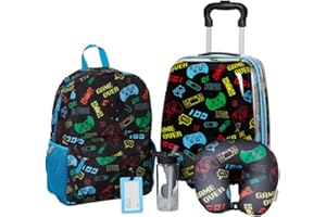 RALME 5 pc Boys’ Gaming Rolling Suitcase Set with Backpack, Neck Pillow, Water Bottle, and Luggage