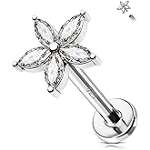 Jewseen 925 Sterling Silver Flat Back Stud Earrings 16g Internally Threaded Tragus Helix Earrings Flower Lip Stud Nose Piercing Jewelry for Women Men