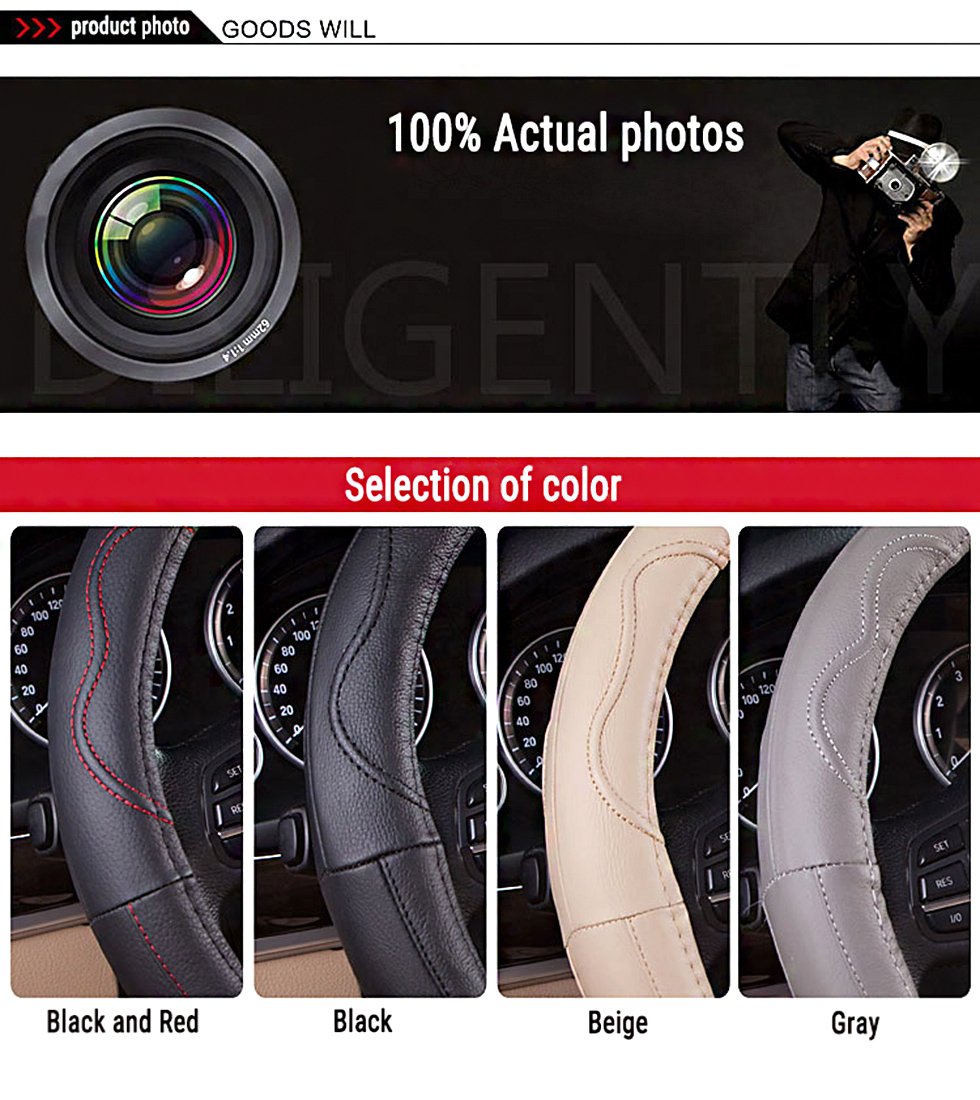 Movement Fashion Genuine Leather Car Steering Wheel Cover Fits 38cm 15 inch Auto Steering Breathable Anti Slip Skidproof - Black