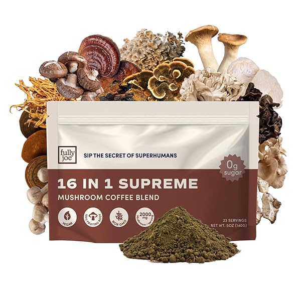FULLY JOE MUSHROOM INSTANT COFFEE WITH 16 SUPERFOOD MUSHROOMS, INCLUDES LION’S MANE, REISHI, CHAGA, CORDYCEPS MIXED WITH GOURMET ARABICA INSTANT IMMUNE BOOSTING COFFEE FOR FOCUS & GUT HEALTH