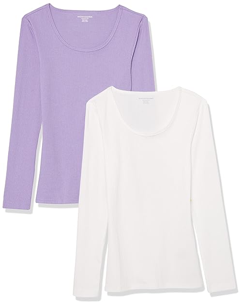 Amazon Essentials Sweater for Women, Long Sleeve Slim-Fit Rib Scoop Neck (Available in Plus Size), Pack of 2, Lilac/White, Small