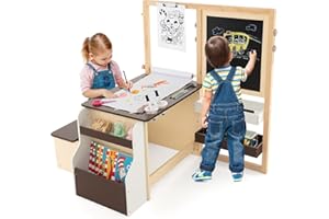 Costzon Easel for Kids, Wooden Art Center with Double-Sided Blackboard & Whiteboard, Paper Roll for Drawing, Crafts, Writing, Toddler Activity Table with Storage, Kids Table and Chair Set (Brown)