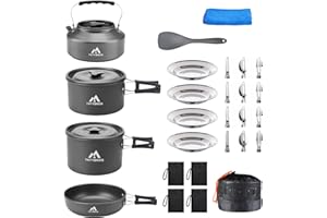 THTYBROS 27pcs Camping Cookware Mess Kit for 2-4 People, Portable Cookware Set with Kettle, Pots & Pans, Stainless Steel Uten