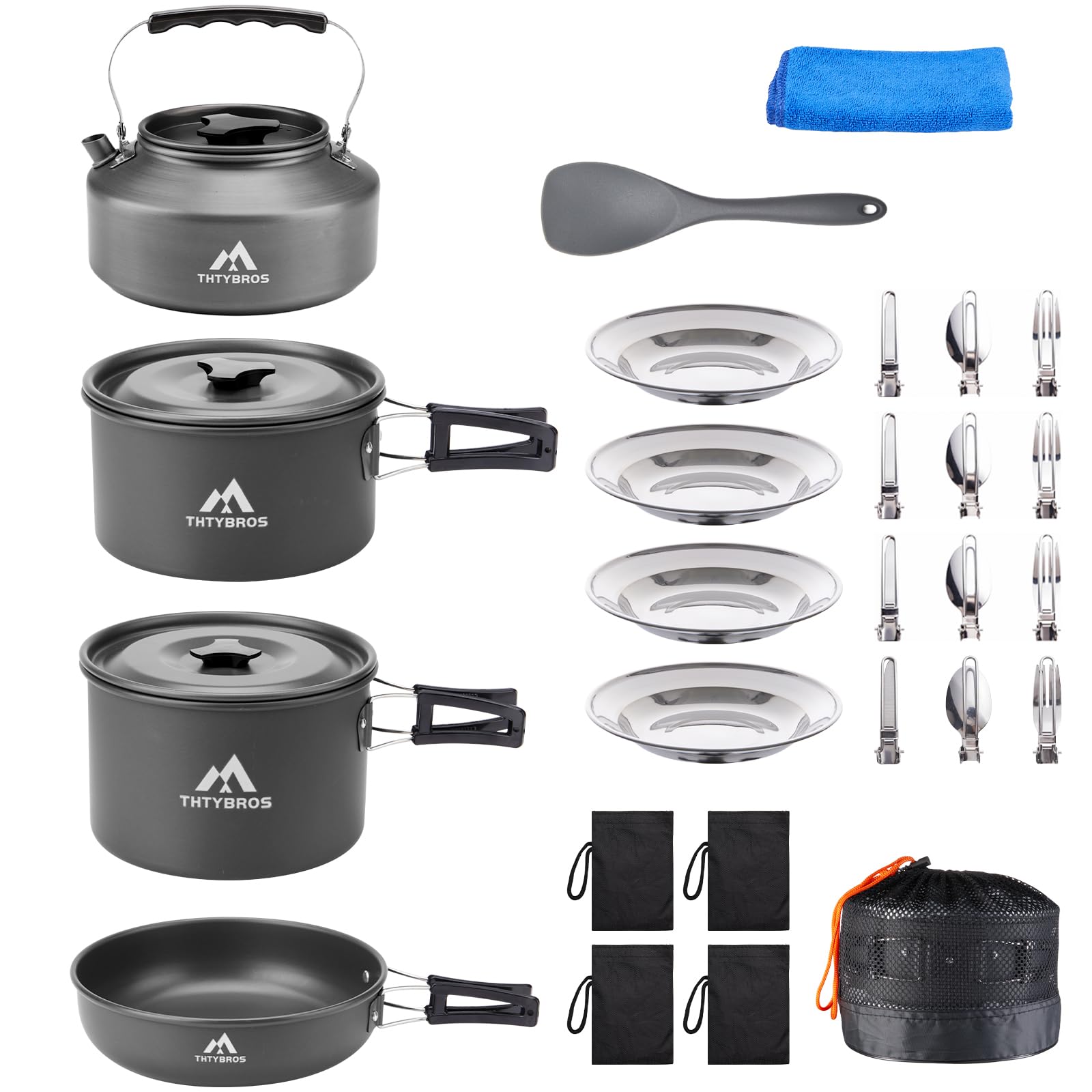 Photo 1 of THTYBROS 27pcs Camping Cookware Mess Kit for 2-4 People, Portable Cookware Set with Kettle, Pots & Pans, Stainless Steel Utensils, Plates, Dishware for Backpacking, Picnic, Outdoor Adventures