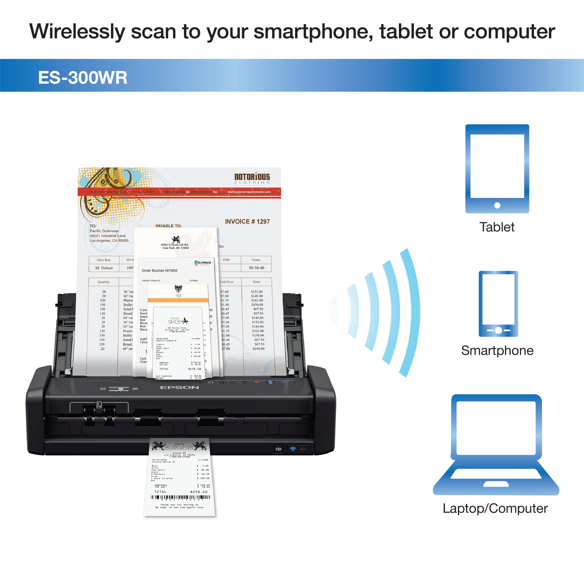Epson ES-300WR Wireless Color Portable Duplex Document Scanner Accounting Edition for PC and Mac, Auto Document Feeder (ADF)