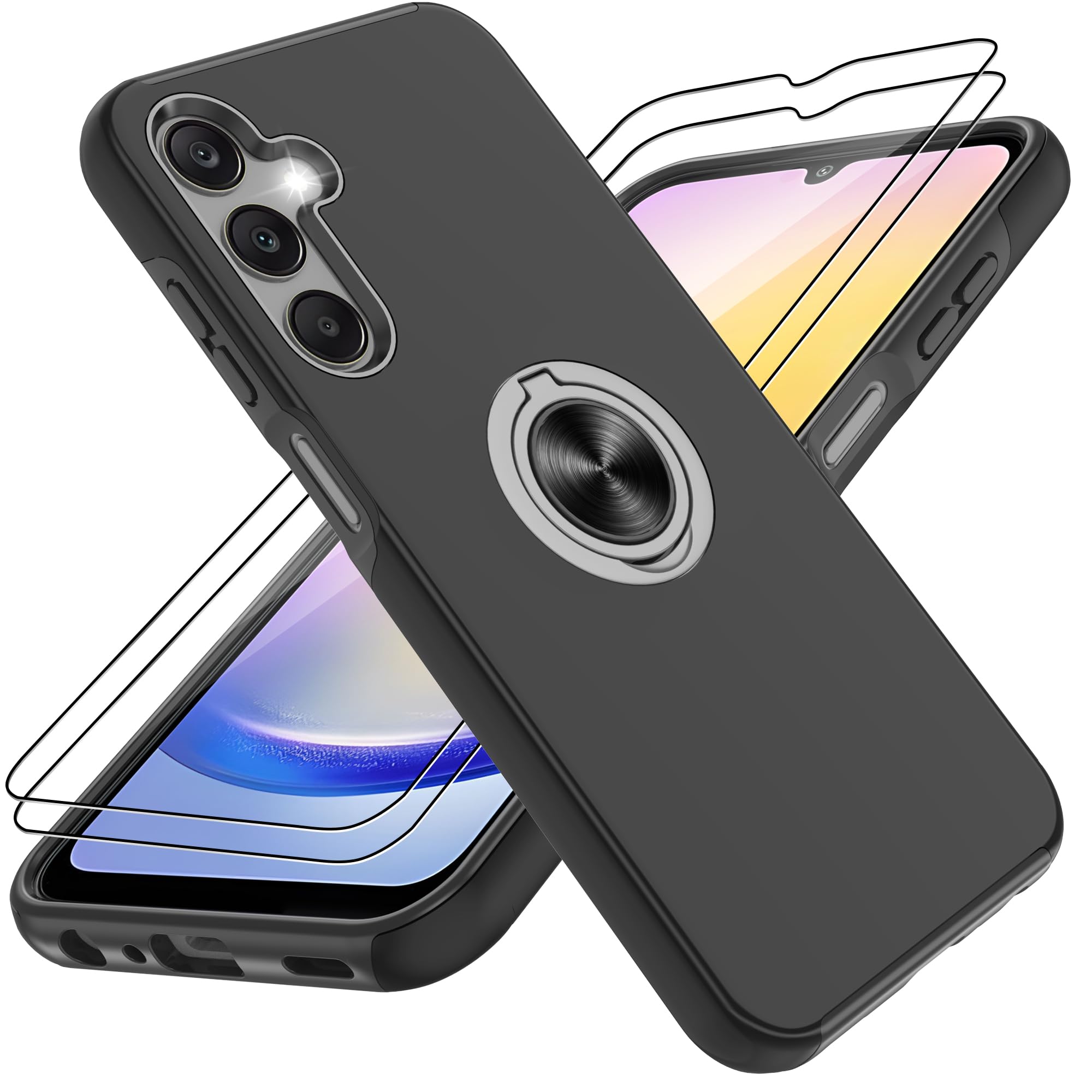 Gritup for Samsung Galaxy A25 5G Phone Case with Screen Protector×2Pcs, 360° Rotating Metal Kickstand | MIL-Grade Shockproof Protection (Military Standard),Black