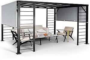 HAPPATIO 10' X 12' Outdoor Retractable Pergola, Metal Patio Pergola with Retractable Sun Shade Canopy and Aluminum Frame for Patio, Backyard, Garden (Grey)