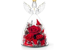 AIMEYE Christmas Roses Gifts for Mom,Preserved Real Flowers Roses in Glass Angel Figurines, for Grandma Women Mom Wife Mother in Law/Red