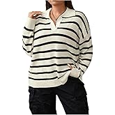 Floerns Women's Plus Size Casual Striped Long Sleeve V Neck Pullover Sweater Loose Fit Fall Knitted Top