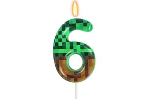 OGNOMIFX 6th Pixel Miner Birthday Candles, Pixels Cake Topper for Boys Girls, Game Themed Birthday Decorations Party Supplies (Number 6)