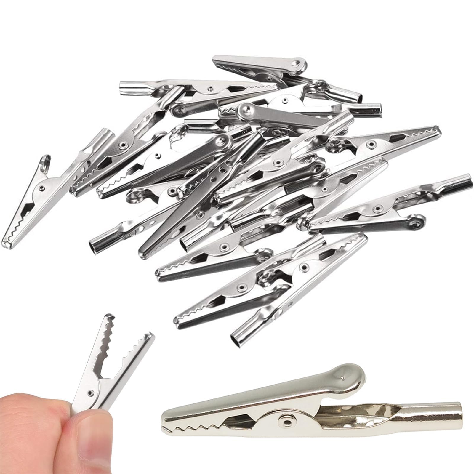 50pcs Metal Alligator Clips Silver Crocodile Clips Metal Electrical Test Cable Croc Clips for Laboratory and Electrical Test Work Soldered Crimp Connection 2" / 51.5mm