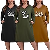 FEREMO 3 Pack Plus Size Nightgowns for Women V Neck Nightshirts Long Sleeve Printed Sleepwear Soft Loungewear