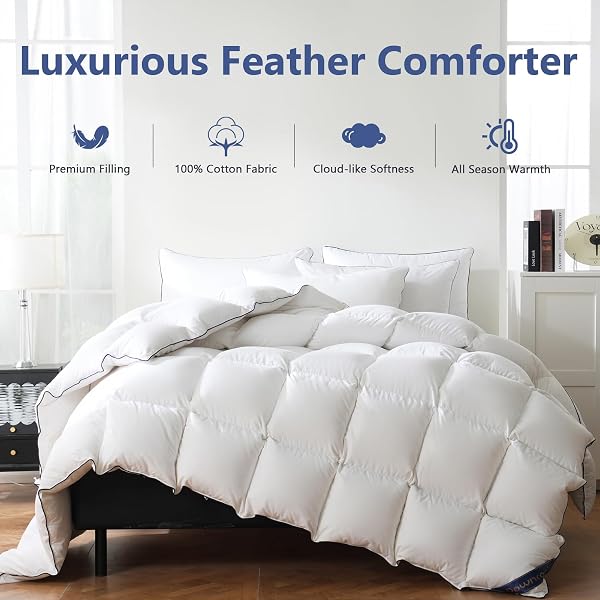 DOWNCOOL OVERSIZED QUEEN FEATHER DOWN FIBER COMFORTER, 100% COTTON COVER ULTRA SOFT FLUFFY DUVET INSERT, ALL SEASON HOTEL STYLE BEDDING COMFORTERS WITH CORNER TABS, WHITE 98″X98″
