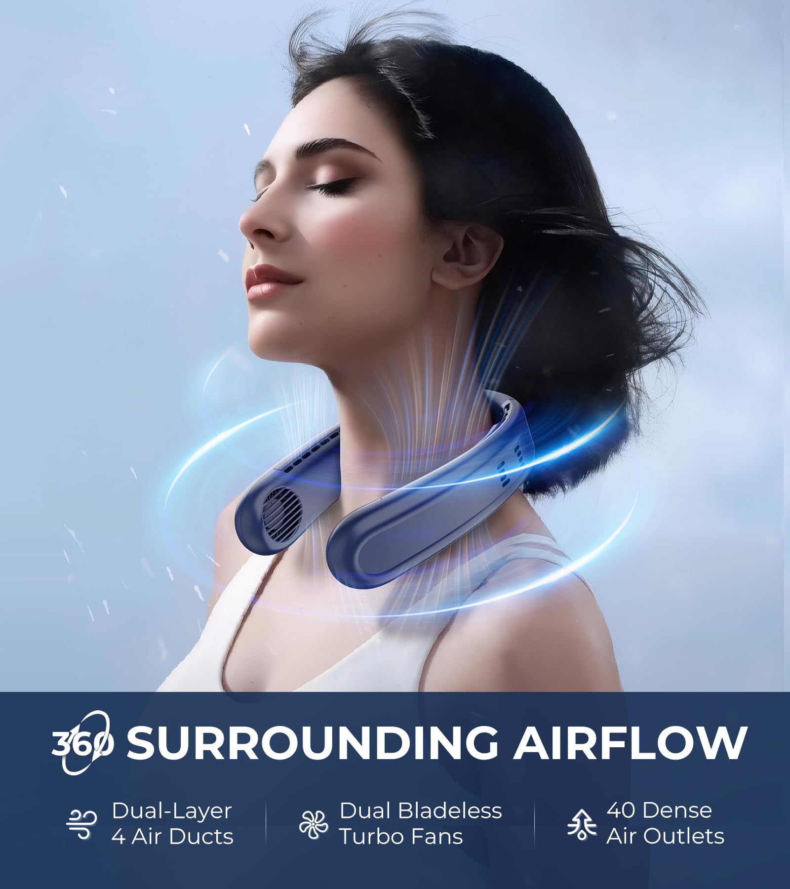 Neck Fan with Dual Ceramic Cooling Plates, 3-Speed 30℉ Instant Cool-Down, 360° Bladeless Cooling Airflow, Rechargeable Lightweight Personal Fan Strengthen