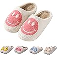 FACAXEDRE Smile Face Slippers for Women - Indoor Outdoor Retro Happy House Slides, Soft Fluffy Cushion Furry Shoes