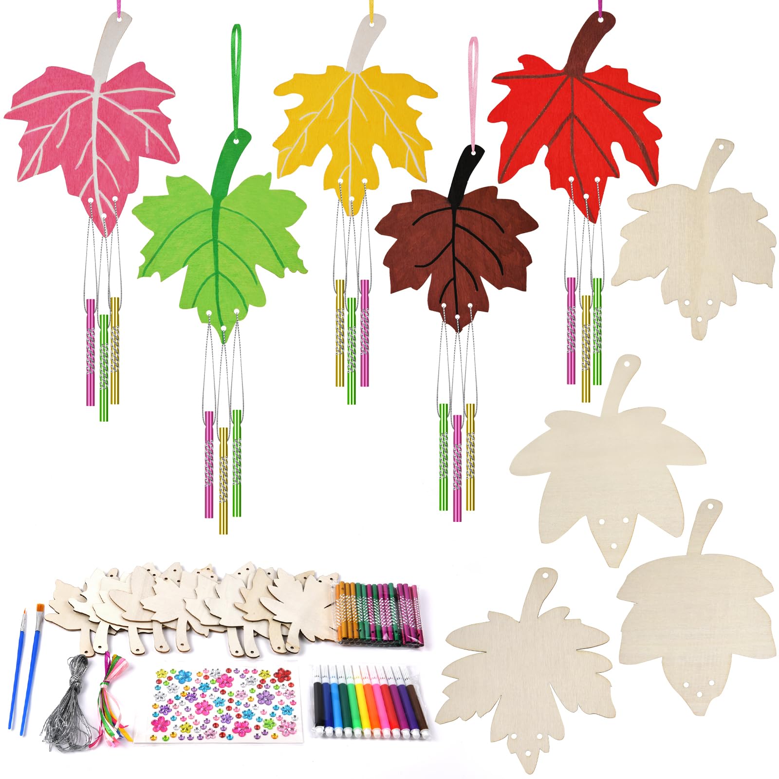 Ainiv 9 Pack Maple Leaf Wind Chime Crafts, DIY Paint Wooden Windchimes Crafts Kit, Autumn Party DIY Arts and Crafts for Birthday Gifts & Autumn Activities
