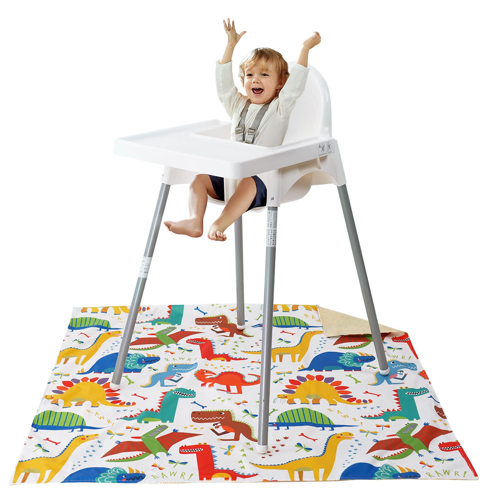 Winthome Highchair Splash Mat for Baby - 43.3 Inches Large, Waterproof Weaning Mat with Dinosaur Design (110x110cm)