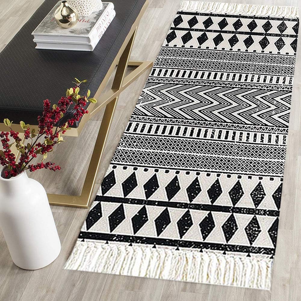HEBE Cotton Area Rug Set 2 Piece 2'x3'+2'x4.2' Machine Washable Black and Cream White Hand Woven Cotton Rug with Tassels Cotton Area Rug Runner for Living Room, Kitchen Floor, Laundry Room: Kitchen & Dining