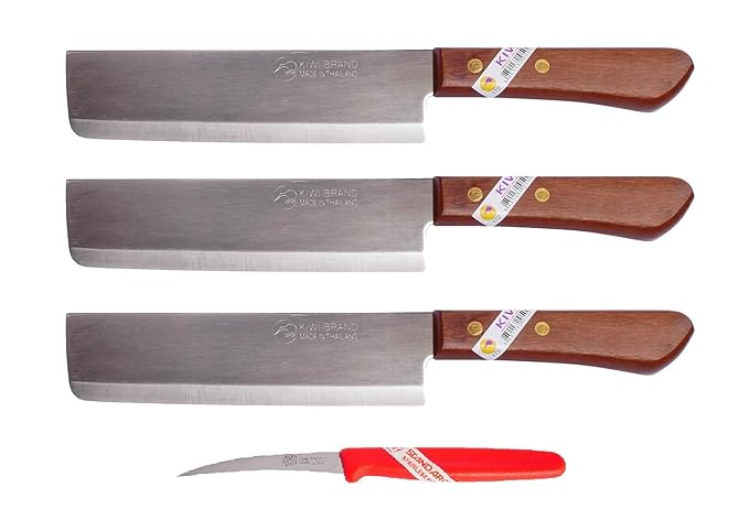 3 x Kiwi Thai Kochmesser Küchenmesser No. 172 Messer Klinge Stahl Griff Holz + Garniermesser Entkernungsmesser für Obst und F