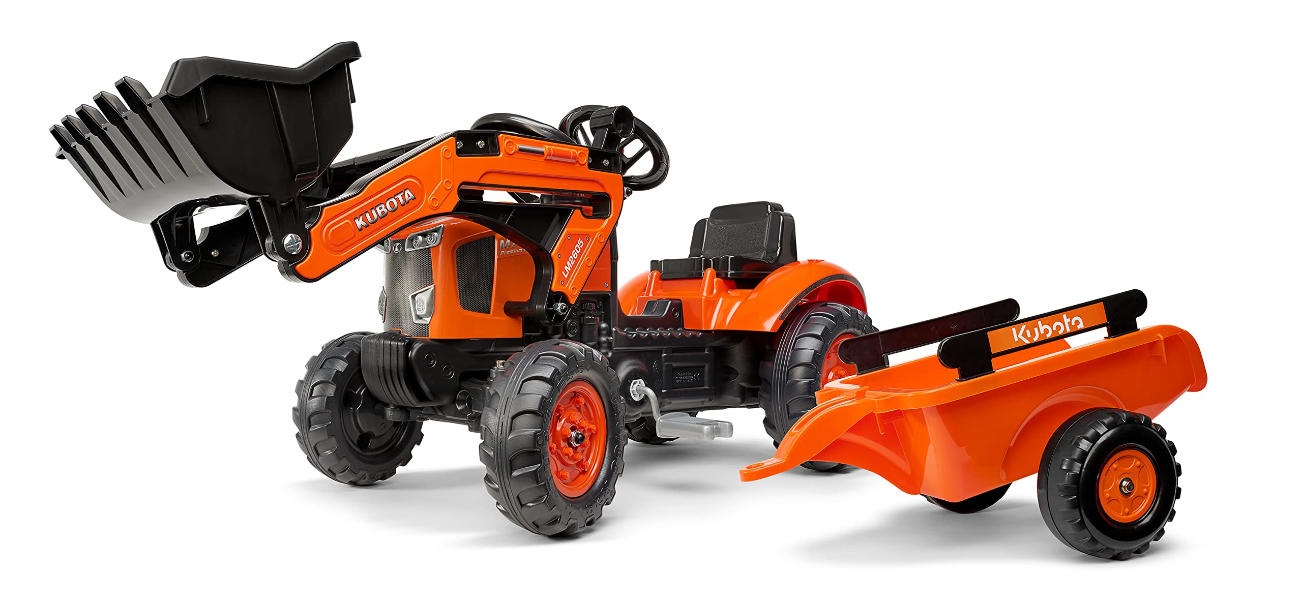 Falk - Kubota pedal tractor with and trailer - For ages 2 and up - Made in France - Articulated front shovel - Directional steering wheel with horn - 2065AM