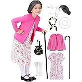 14pcs Old Lady Costume for Kids Girls 100 Day of School Costume Girls Kids Grandma Costume Granny Dress Up Accessories