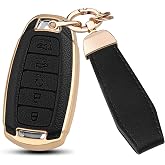 QBUC for Hyundai Key Fob Cover with Keychain (Black) | Upper Leather + Soft TPU Key Protection Case Fit for Palisade Elantra 5 Button Smart Key
