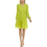 Nanette Nanette Lepore Womens Button Up Fully Lined Dress with Full Body Pleat, Smock Waist and Pleated Blouson Sleeve