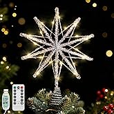 Lewondr Christmas Tree Topper Star, 13.8 Inch 10-Pointed Star Treetop with Glittered Epoxy, Remote & USB Powered Xmas Stars Treetop for Christmas Tree Decoration, 6H Timer & 8 Modes, Silver