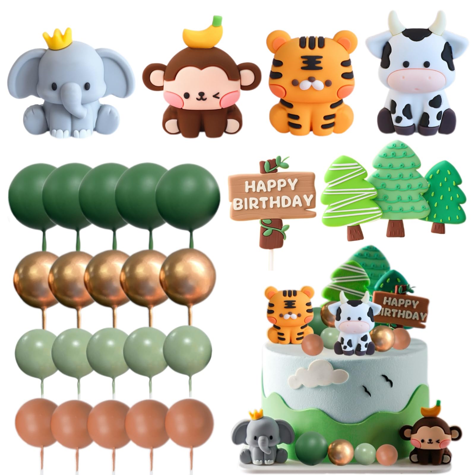 28Pcs Jungle Animal Cake Toppers, DIY Animal Cake Decorations, Elephant, Monkey, Tiger, Cow Cake Jungle Cake Decorations for Baby Shower Kids Party Animal Theme Party Cake Decoration