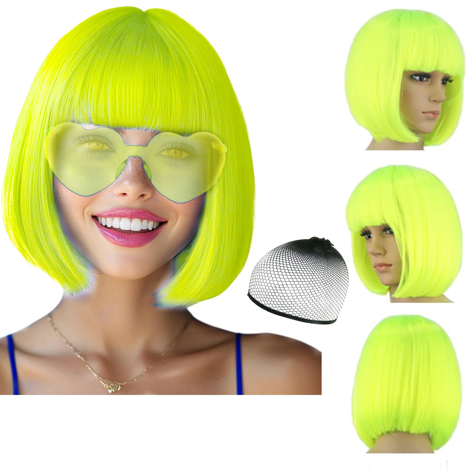 Party Wigs Wig Cap and Sunglass Set,Short Bob Hair Wigs Straight with Flat Bangs Synthetic Colorful Cosplay Daily Party Neon Wig for Women (Fluorescent Green)