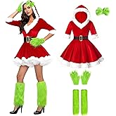 Maazusa Christmas Green Big Monster Costumes for Women Santa Suit Hooded Dress Fuzzy Faux Fur Leg Warmers Gloves Hair Bow