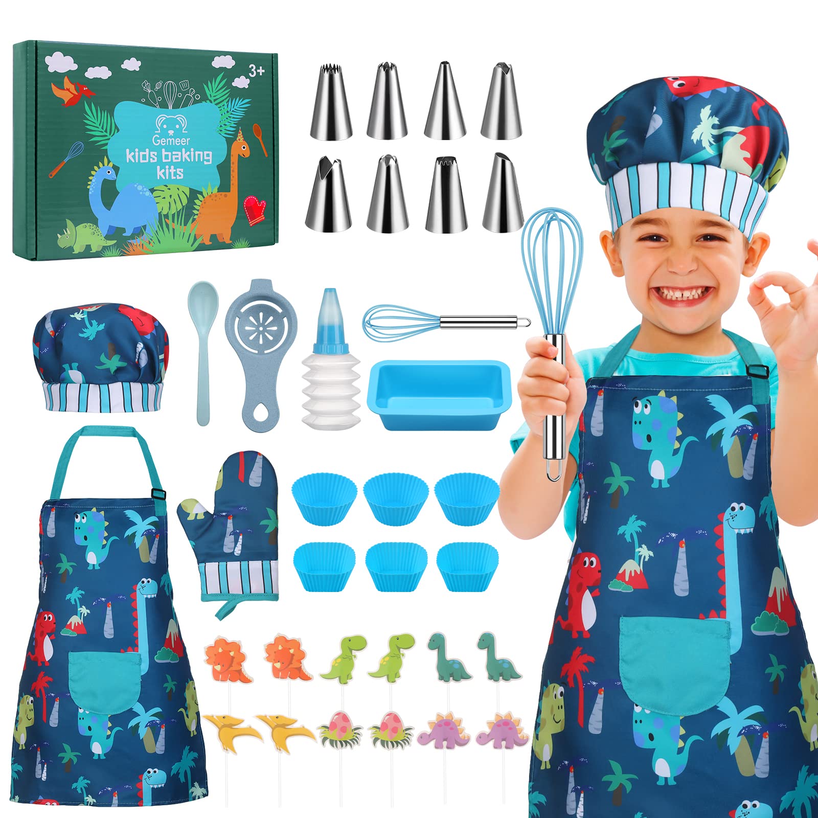 Gemeer Kids Baking Set 34 Pcs,Including Apron,Chef Hat,Gloves and Kids Cooking Set,Childrens Baking Set 3-7 Years,Blue