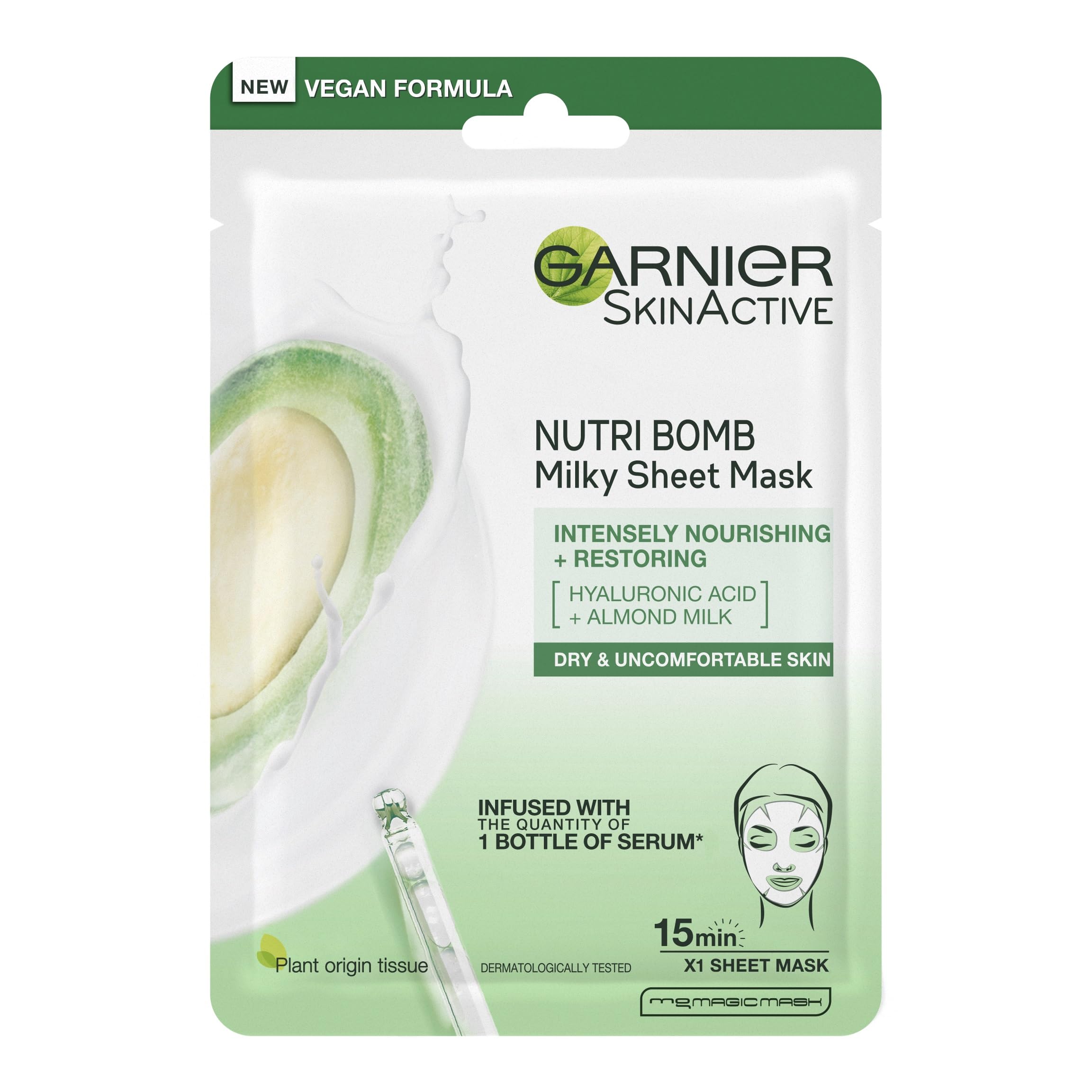 Garnier Nutri Bomb Milky Sheet Mask, With Almond Milk and Hyaluronic Acid for Hydrated Glowing Skin, Intensely Nourishing & Restoring, Vegan Tissue Mask