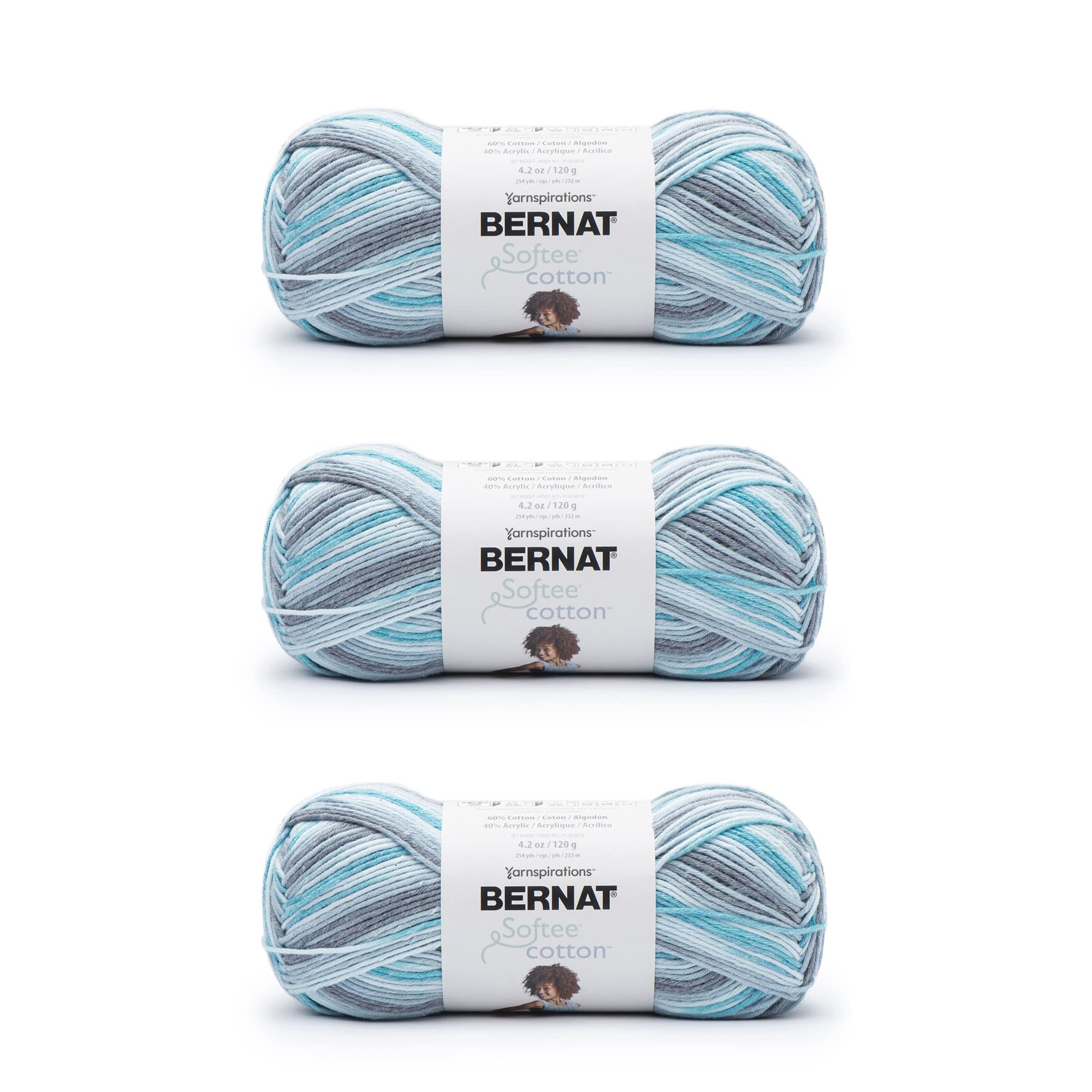 Bernat Softee Cotton Blue Waves Yarn - 3 Pack of 120g/4.25oz - Nylon - 3 DK (Light) - 254 Yards - Knitting, Crocheting & Crafts